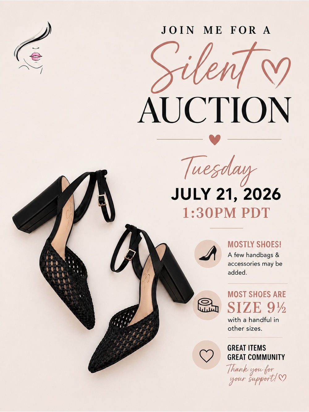 SHOES Silent Auction • bid your best foot forward • Tuesday 7.21 @ 1:30pm PDT